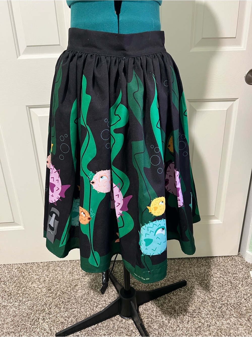 Black Skirt with Colorful Puffer Fish Print - Women's Skirt - Picture 3 of 10